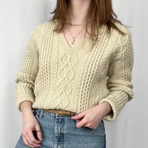 Vintage Cable Knit Oversized Wool Fishermans Grandpa V-Neck Ribbed Aran Sweater